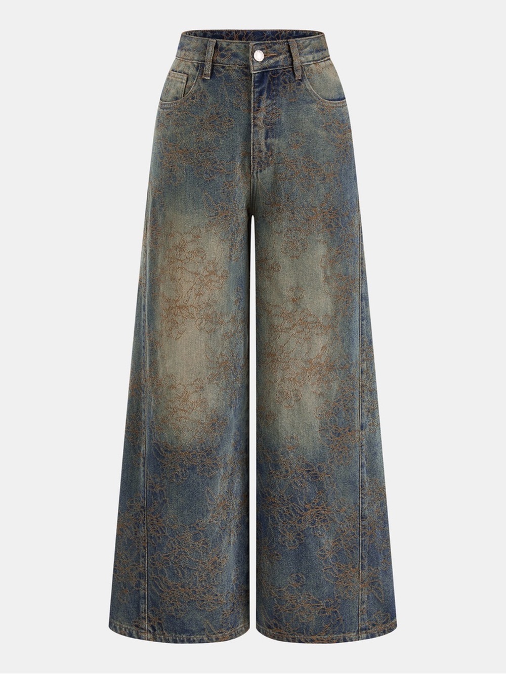 Commense Wide-Leg Vintage Wash Flared Jeans - Blue with Brown Accents